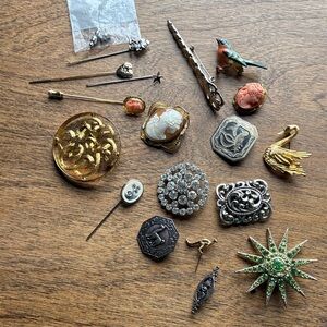 Vintage Mixed Brooch & Stick Pin Lot - Gold, Silver, Green, Coral